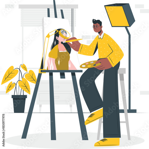 Artist painting a portrait of a woman on an easel with palette vector illustration