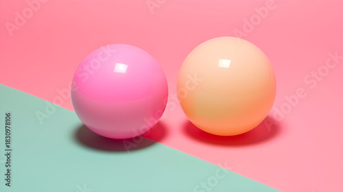 Two plastic capsule toys,  one pink and one yellow,  sit on a split pink and teal background,  creating a colorful and playful scene
