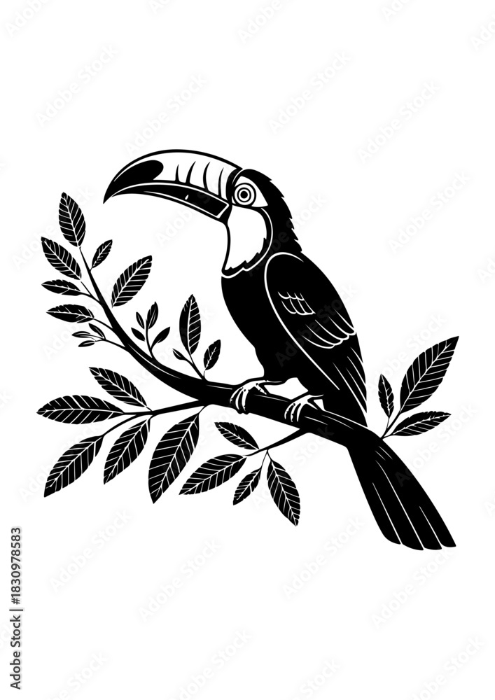Fototapeta premium Toucan on a Branch Black and White Illustration