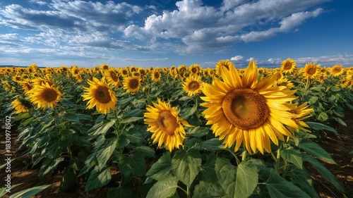 夏の広々としたひまわり畑と積乱雲の風景