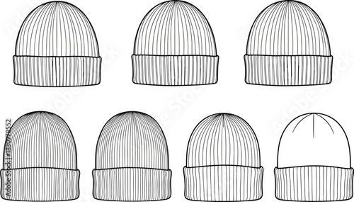 Set of Knitted Beanie Hat Outline Drawings with Ribbed Texture and Folded Brim for Winter Apparel, Fashion Mockup, Clothing Template, or Accessory Design VectorSet of Knitted Beanie Hat Outline 