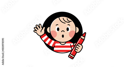 Illustration of a cheerful child holding a crayon ready to draw a creative picture
