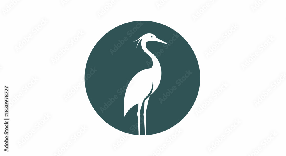 Obraz premium Elegant minimalist stork illustration against a dark teal circular background for design projects