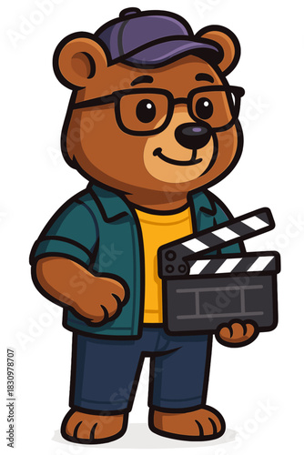 Cute bear character dressed as a filmmaker holding a clapperboard in a fun and playful style