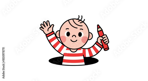 Cartoon boy waves while holding a red pencil, suggesting creativity and artistic exploration