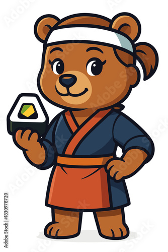 Cute bear character dressed as a chef, holding a sushi roll in a cartoon style