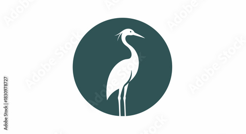 Elegant minimalist stork illustration against a dark teal circular background for design projects