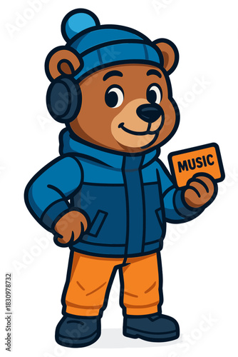 Cheerful bear character in winter attire holding a music card with a playful expression