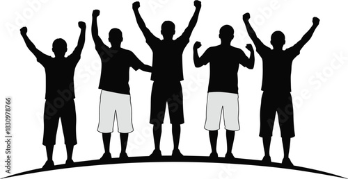 Silhouette illustration of a group of celebrating people raising their arms in unity on a hilltop, symbolizing teamwork, success, achievement, and positive community energy