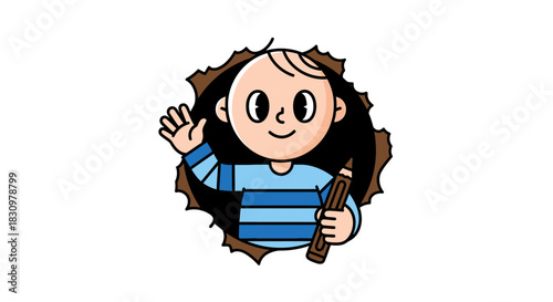 Cartoon boy character breaking through a paper holding a pencil enthusiastically