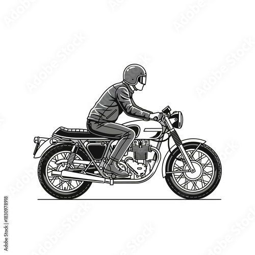 Monochrome vector illustration portraying a lone motorcyclist on a classic bike