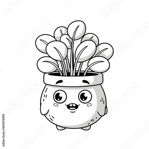 Whimsical houseplant illustration featuring a charming pot and expressive foliage character