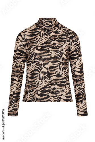 Stylish long sleeved mock neck top featuring a bold and striking tiger stripe animal print pattern