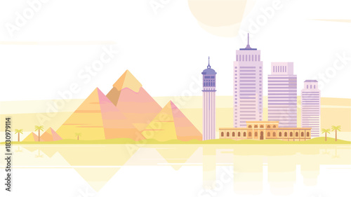 Stylized Vector Illustration of Cairo, Egypt Skyline Featuring Pyramids, Cairo Tower, and Modern Buildings with a Reflection on a Calm River Surface