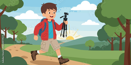 Young Boy Hiker with Backpack and Tripod in Nature