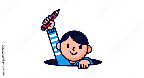 Cartoon character emerging from hole, holding a large red pencil, symbolizing education and
