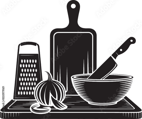 Kitchen Utensils and Ingredients for Cooking and Food Preparation on a Cutting Board