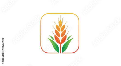 Stylized wheat ear illustration with green leaves and warm color palette in square format