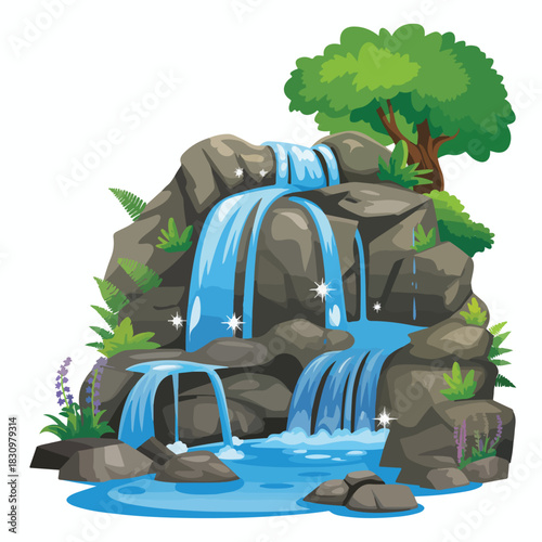 Illustration of a camping tent in the forest with hiking equipment, backpack, and sport bag for an outdoors adventure journey