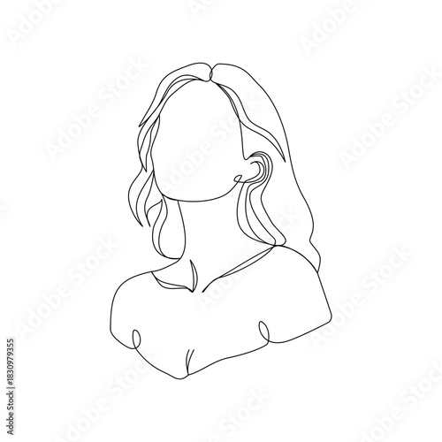 a woman’s side face  modern simple aesthetic pose, long airy wavy hair drawn with smooth curves continuous line art outline