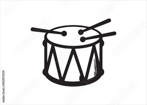 Hand drawn black and white snare drum with drumsticks illustration