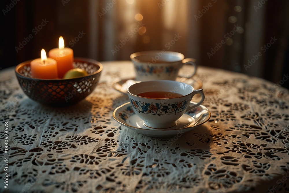 Fototapeta premium Christmas still life with tea mug and vintage postcards retro holiday décor — ai