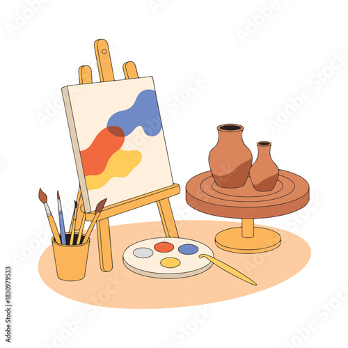 Artist palette and easel with paintbrushes, colors, and oil paints for artistic creativity and painting illustration