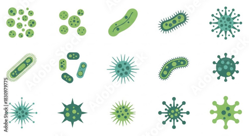 Collection of stylized, green and teal illustrations of various bacteria, germs, and viruses on a white background.