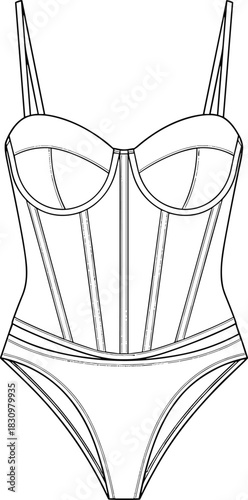 Structured lingerie bodysuit fashion flat sketch with underwire cups, panel shaping details, adjustable straps, technical garment CAD vector illustration design