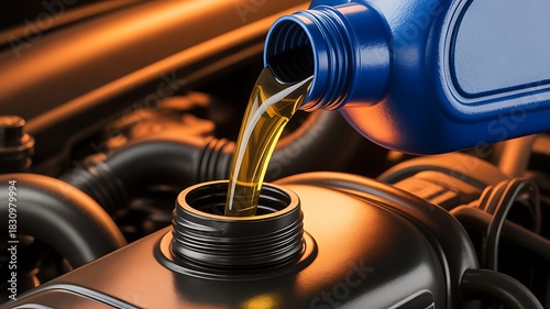 Golden Motor Oil Poured from Container into Car Engine
