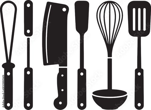 Collection of black kitchen utensil silhouettes on white background cooking baking