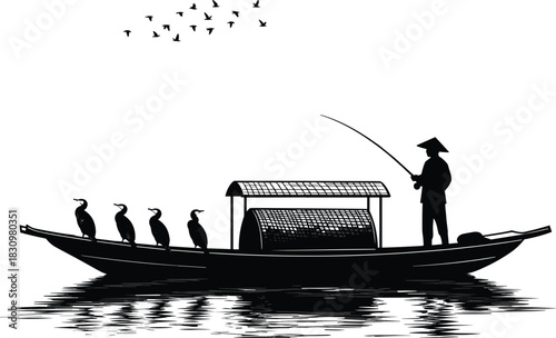 Traditional Fisherman Silhouette on a Long Boat with Fishing Rod and Cormorants, Including Birds Flying Above for Leisure, Travel, Nature, or Asian Culture Vector