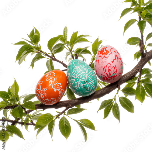 Colorful Decorative Eggs Hanging on a Branch in Springtime Celebration