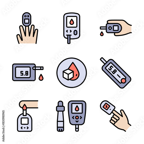 Glucometer Device color icons set. Performing blood glucose tests using glucometers. Glucose Test, Diabetic Consultation, Health Support.