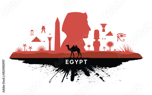 Egypt Landscape Silhouette with Sphinx, Pyramids, Camel, and Ancient Landmarks, against a background with ink splatter effect, evocative travel and history theme, and vibrant contrast.