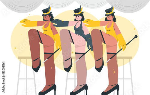 Cabaret Dancers Performing a High Kick Routine vector