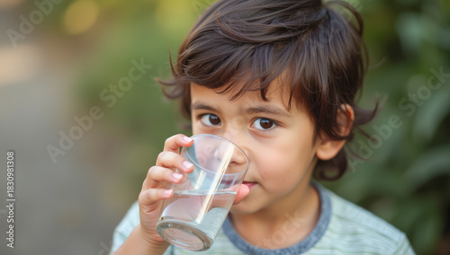 a happy child drinks clean water from a glass