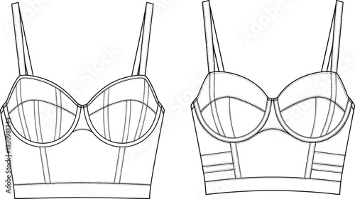 Underwire lingerie top fashion flat sketch featuring structured cups, adjustable straps, panel detailing, technical garment CAD design vector illustration