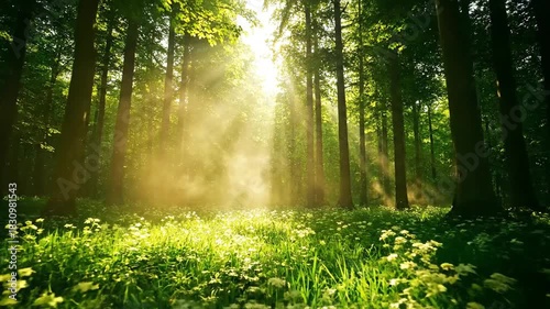 Sunlight Streams Through Lush Green Forest Canopy Illuminating Wildflowers and Dust Motes Creating a Serene and Magical Atmosphere