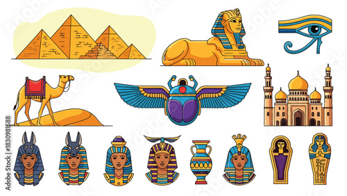 Vibrant Egyptian Icons: Pyramids, Sphinx, Pharaohs, and More, Perfect for Travel and Cultural Projects with its Colorful and Detailed Illustration Style