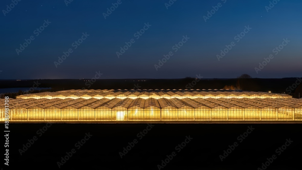 Fototapeta premium Illuminated greenhouse at night with starry sky in rural landscape