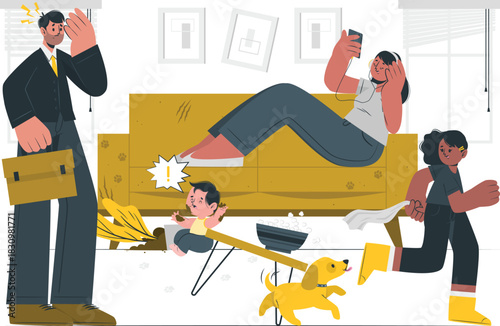 Chaotic Family Scene With Stressed Father chaos home