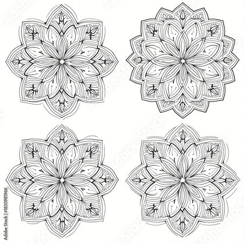 Star Shaped Floral Mandala and Geometric Ornament Outline Set