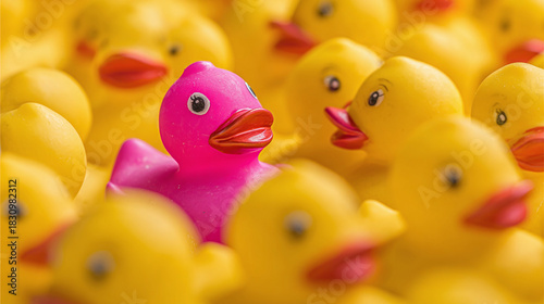 A standout in the crowd! A pink rubber ducky among many yellow ones, emphasizing individuality and being different in a playful way.