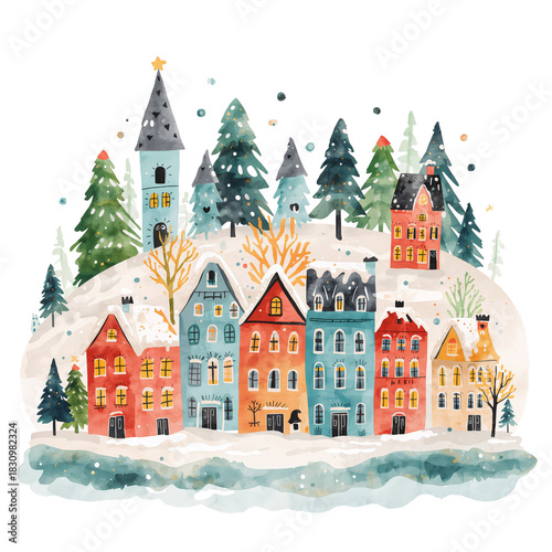 Colorful Houses Near Snowy Mountains During Winter Season With Snowflakes Fal...
