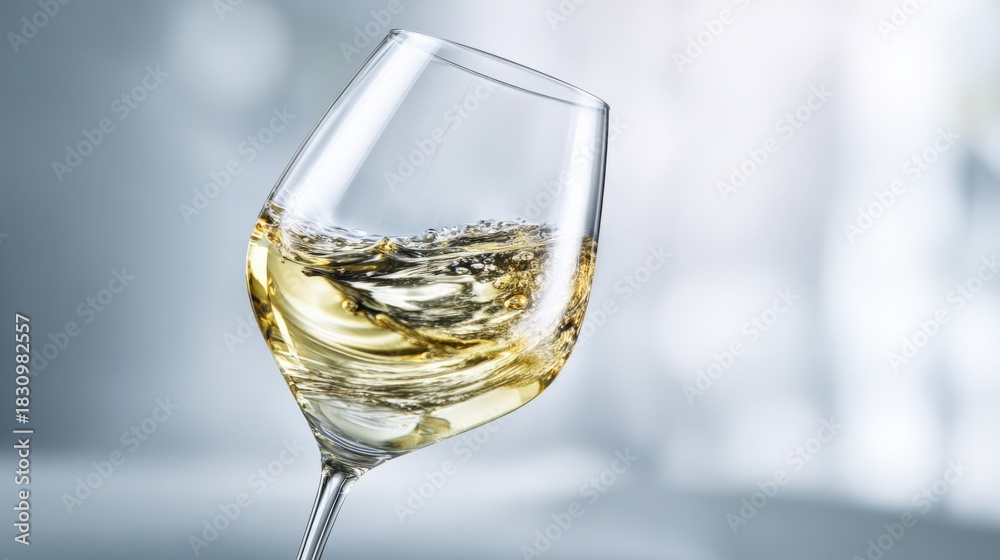 Naklejka premium Elegant Wine Glass with White Wine Swirling, Reflecting Sophistication and Taste in a Blurred Background