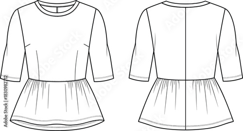 Women's peplum top with three quarter sleeves and gathered waist, front and back technical fashion sketch, cad drawing flat vector illustration