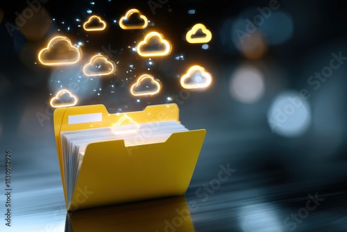 Digital cloud storage concept with glowing cloud icons and folder