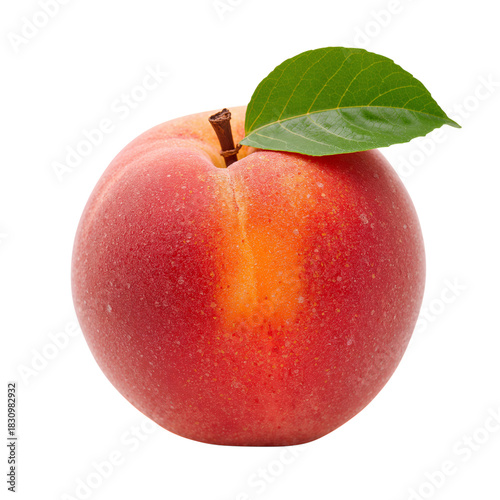 Fresh Peach With a Green Leaf on a White Background Showcasing Natural Colors...