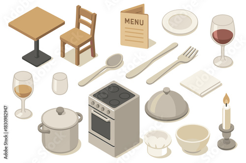 Isometric restaurant icons: table, chair, menu, utensils, stove, dishware, glasses, candle